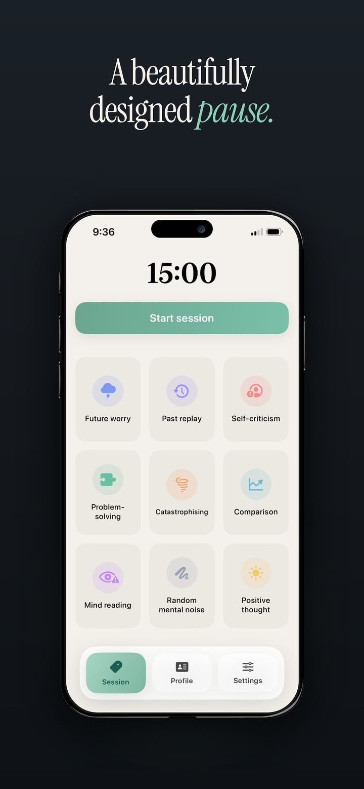Labels check-in screen with a 15 minute session timer, start button, and nine thought label tiles including future worry, past replay, and self-criticism