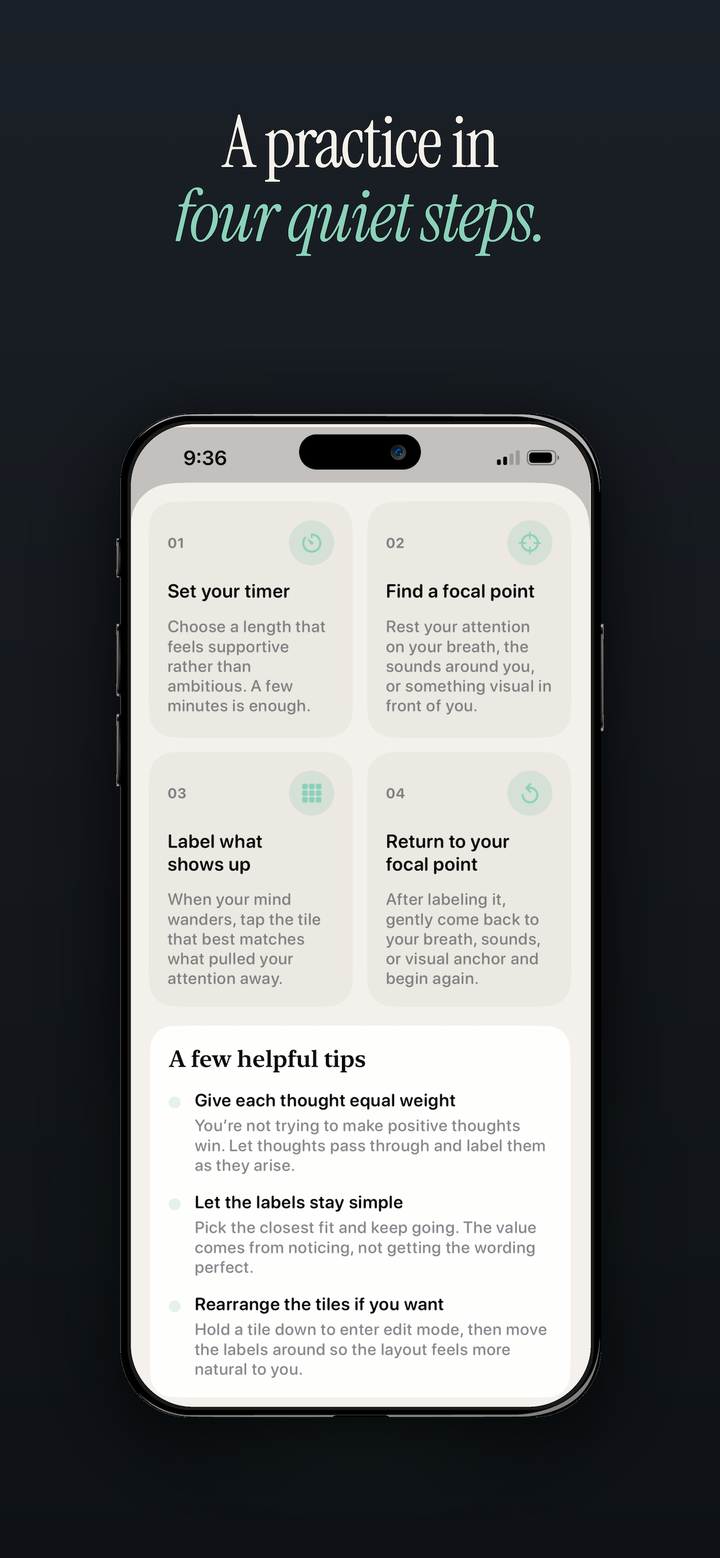 Labels practice guide screen showing four quiet steps: set your timer, find a focal point, label what shows up, return to your focal point